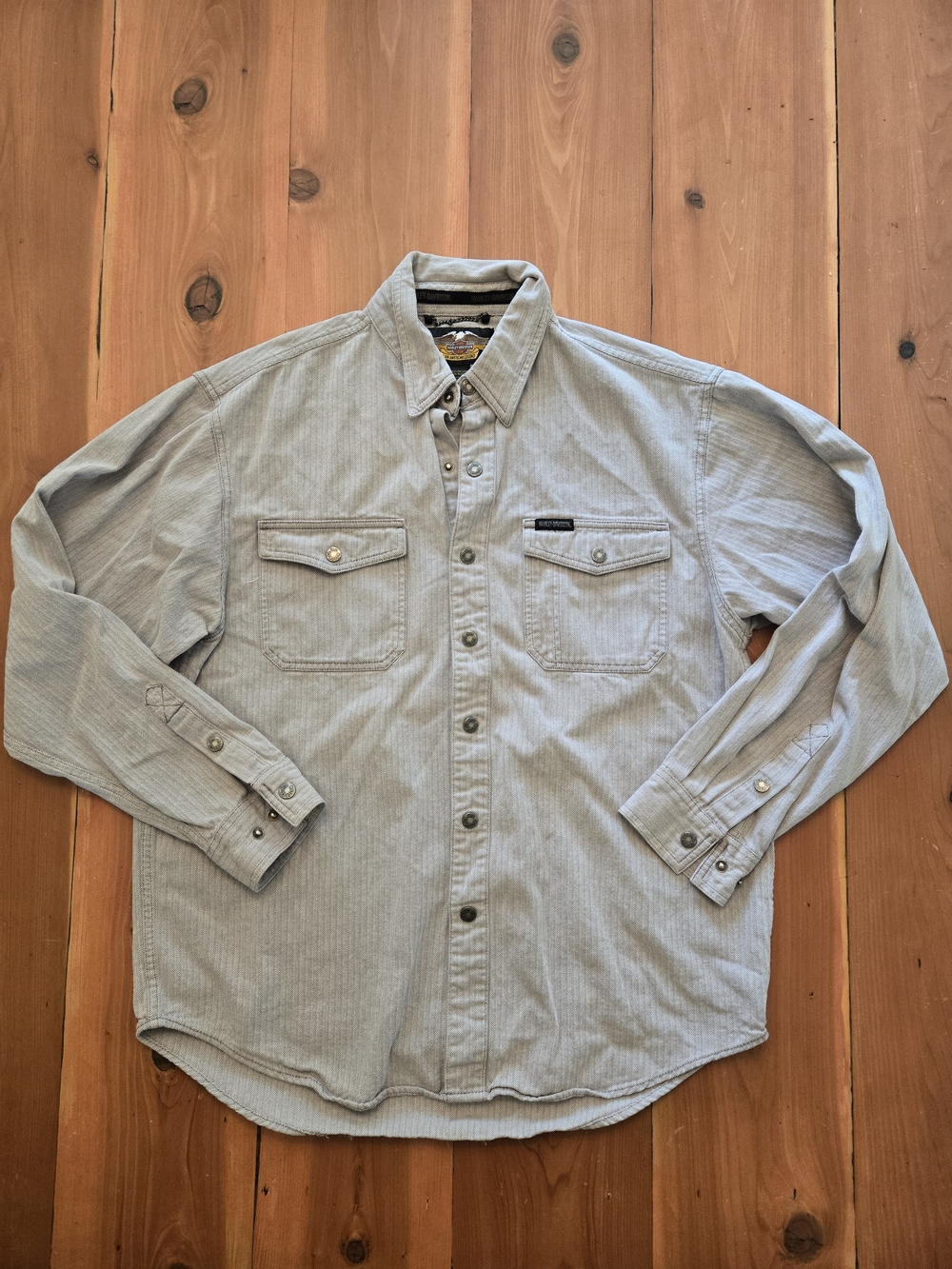 Harley Davidson MotorClothes Heavyweight Snap Shirt Gray Embroidered Back-Size L